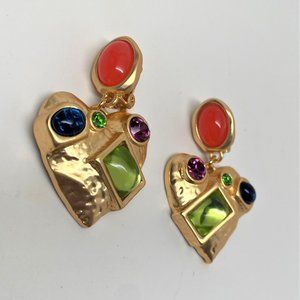 Gorgeous Gold Plated Assorted Cabochons Heart Dangle Clip on Earrings